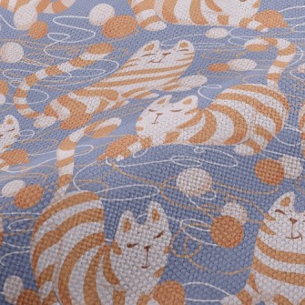 慵懶玩毛線條紋貓麻布(幅寬150公分)