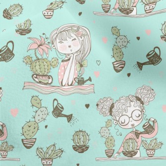 女孩種植仙人掌水晶絨(幅寬160公分)