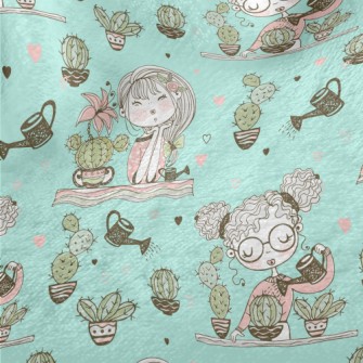 女孩種植仙人掌法蘭絨(幅寬150公分)