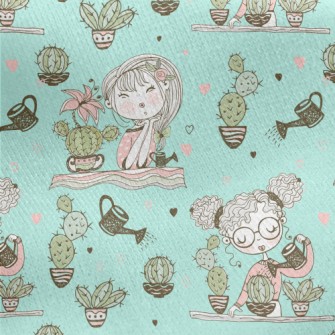 女孩種植仙人掌刷毛布(幅寬150公分)