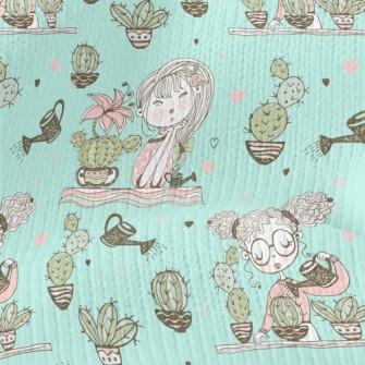女孩種植仙人掌仿毛衣布(幅寬150公分)