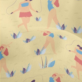 在沙灘玩耍的女人們竹節麻(幅寬150公分)