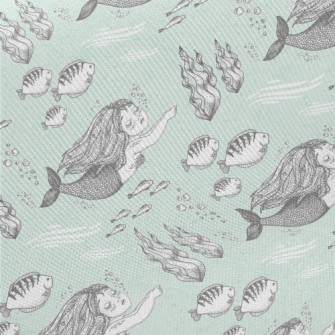 手繪閉眼美人魚斜紋布(幅寬150公分)