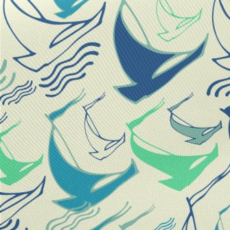 線條帆船與海浪厚棉布(幅寬150公分)