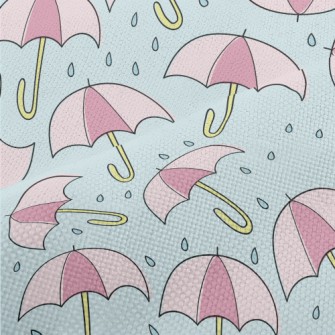粉色雨傘和雨滴麻布(幅寬150公分)